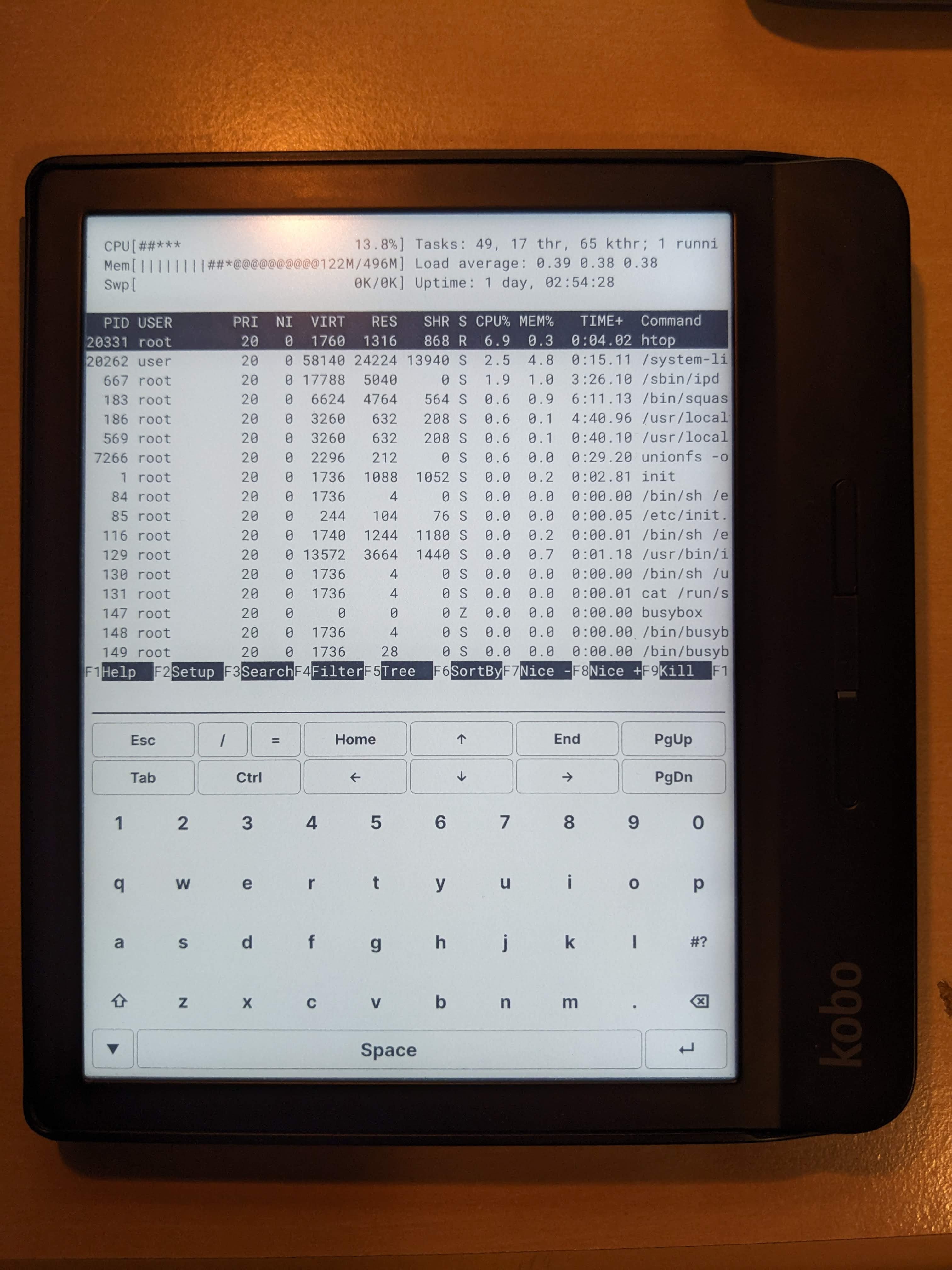 Kobo Libra H2O running ITerm with the 'htop' program