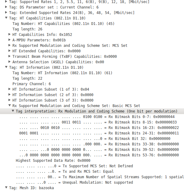 Snapshot of wireshark showing basic rates advertised in mesh IEs